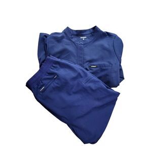 Jaanuu men's full scrub set navy blue size 2X button drawstring stretch pockets